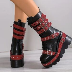 New Autumn-Winter Red and Black Women's Fashion Thick-Soled Mid-Calf Boots...